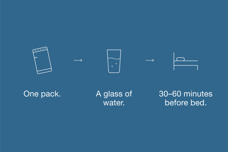 One pack. A glass of water. 30 to 60 minutes before bed.